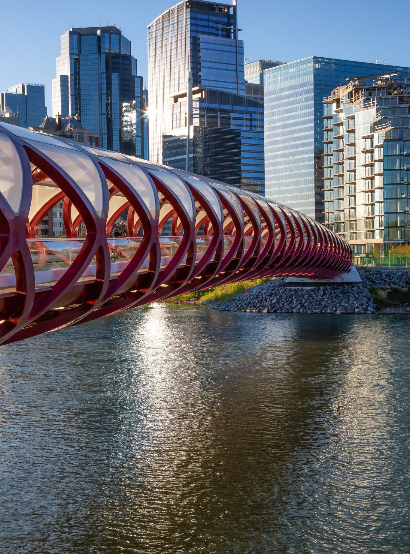 Calgary’s Peace Bridge alongside a bustling urban skyline, reflecting a smooth transition, akin to our dedicated moving services.