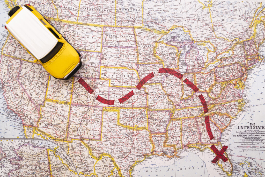 Map showing travel route from Canada to the United States
