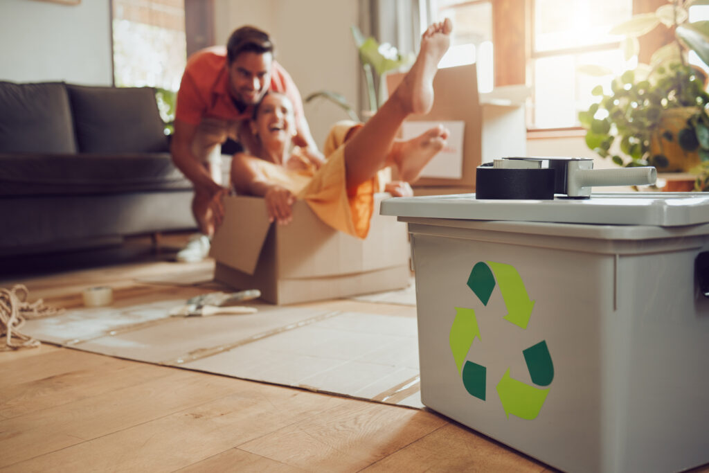 Fun couple moving into new house, living sustainable and reducing waste.