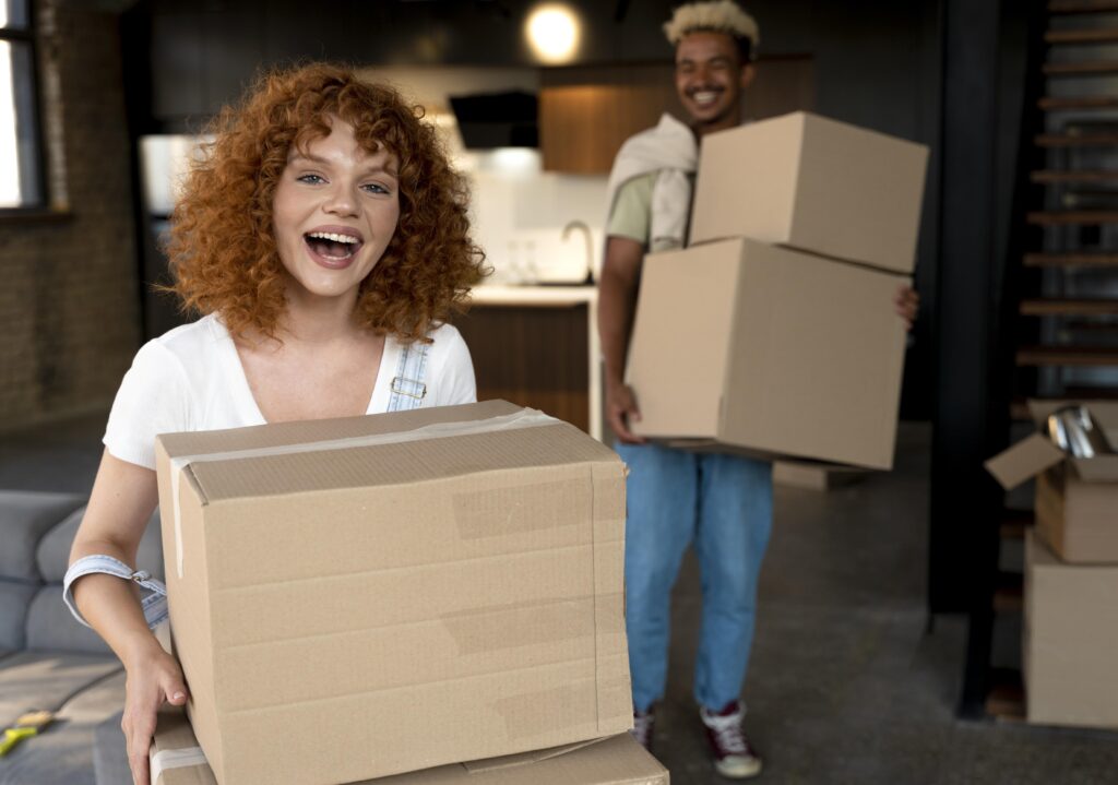 Happy couple packing